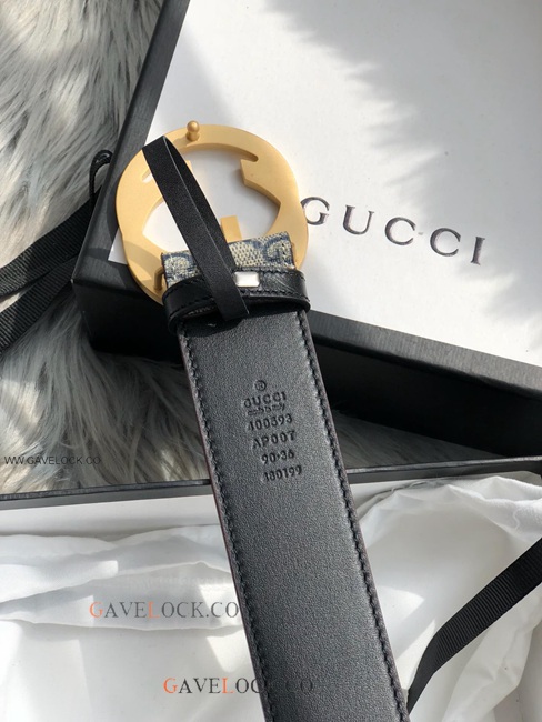 Gucci Leather Belt PVC Brown & Blue Monogram Gold Buckle
